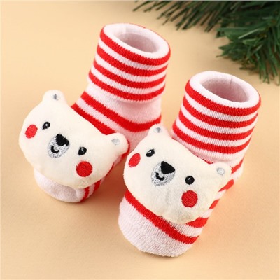 Подарочный набор новогодний «Мишка» держатель для соски-пустышки на ленте, носочки - погремушки, Крошка Я