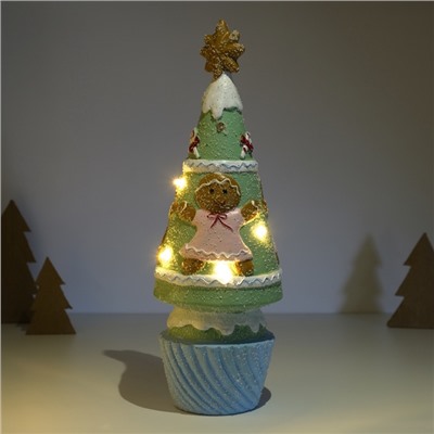 Фигурка светящаяся керамика «Пряничная ёлочка с печенюшками», зелёная, 10×10×31 см