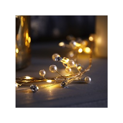 Гирлянда «Мишура» 1.2 м роса с насадками «Бусины», IP20, серебристая нить, 20 LED, батарейки CR2032×2 (в комплекте), свечение тёплое белое