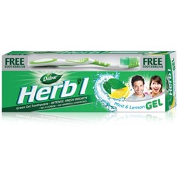 Dabur Herb'l Green Gel Toothpaste Mint & Lemon with Toothbrush/Дабур Зубной Гель-Паста Интенсивное Свежее Дыхание с Мятой и Лимоном + Зубная Щётка Ср. Жесткости 150г.