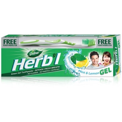 Dabur Herb'l Green Gel Toothpaste Mint & Lemon with Toothbrush/Дабур Зубной Гель-Паста Интенсивное Свежее Дыхание с Мятой и Лимоном + Зубная Щётка Ср. Жесткости 150г.