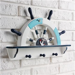 Вешалка настенная «Штурвал», крючки декоративные, 3 крючка на панно, бело-синяя, 45×28×5 см