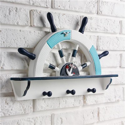 Вешалка настенная «Штурвал», крючки декоративные, 3 крючка на панно, бело-синяя, 45×28×5 см