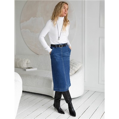 Джинсовая юбка прямая с разрезом и декоративной стиркой  из эластичного денима