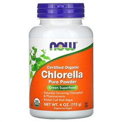 Now Foods, сертифицированная органическая хлорелла, чистый порошок, 113 г (4 фунта)