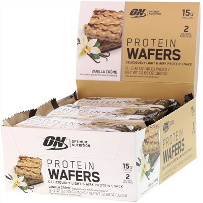 Optimum Nutrition, Протеиновые вафли, ванильный крем, 9 упаковок, 40 г (1,42 унции) каждая