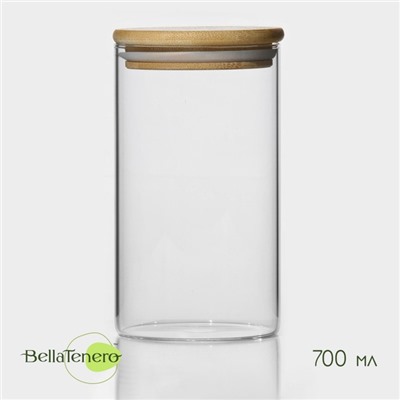Банка для сыпучих продуктов BellaTenero «Эко», 700 мл, 8.5×15.5 см, с бамбуковой крышкой, стекло, прозрачная