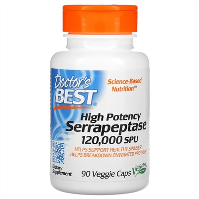 Doctor's Best, серрапептаза высокой эффективности, 120 000 SPU, 90 вегетарианских капсул