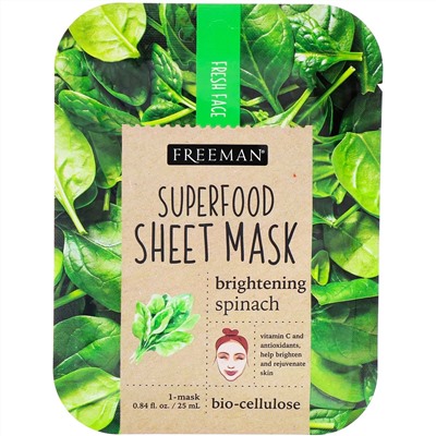 Freeman Beauty, тканевая маска с суперпродуктами, осветляющий шпинат, 1 шт.