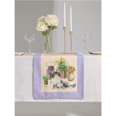 Дорожка на стол «Этель. Уютные коты», 40×146 см, 100% хлопок, саржа 190 г/м², бежевая/синяя