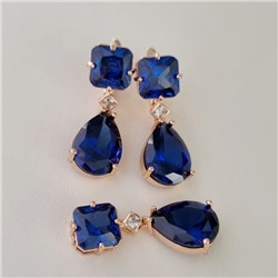 Комплект ювелирной бижутерии Дубайское золото: серьги и кулон с крупным камнем, покрытие позолота, вставка: фианит, цвет: сапфировый, арт.414.040