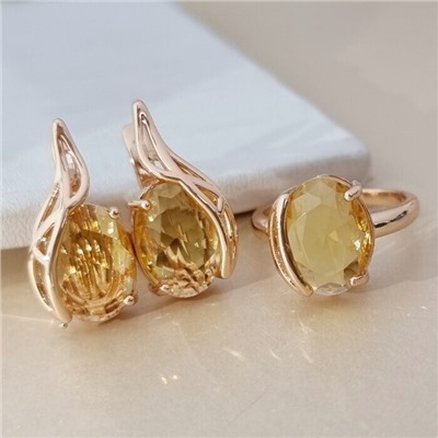 Комплект ювелирной бижутерии коллекция "Дубай" серьги и кольцо 17 р, покрытие позолота, вставка: стекло, цвет: желтый, арт.414.338-17