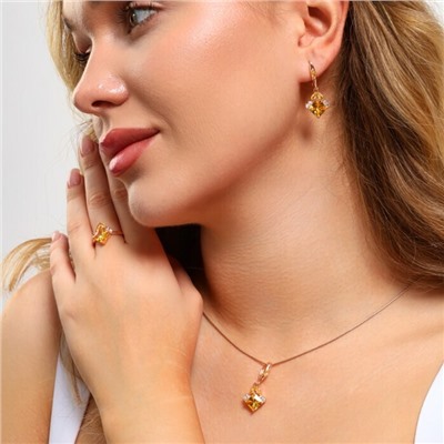 Комплект ювелирной бижутерии Дубайское золото, покрытие: позолота, серьги, кулон и кольцо 17 р, вставка: фианиты, цвет: желтый и прозрачный, арт.314.778-17
