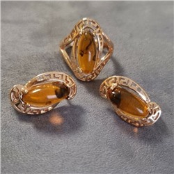 Комплект ювелирной бижутерии коллекция "Дубай",серьги и кольцо покрытие позолота, камень янтарь, р-р 18, 7602, арт.216.347-18