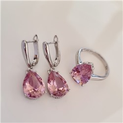 Комплект ювелирная бижутерия серьги и кольцо 18 р, покрытие: посеребрение, вставка: фианит, цвет: розовый, арт.313.078-18
