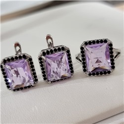 Комплект ювелирной бижутерии коллекция "Дубай" серьги и кольцо 17 р покрытие посеребрение, вставка: стекло и цирконы, цвет: фиолетовый и черный, арт.215.540-17