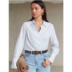 Блузка свободного силуэта в тонкую полоску из эластичного хлопка с добавлением льна