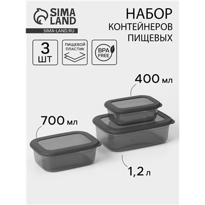 Набор пищевых контейнеров IDEA «Респект», 3 шт.: 400 мл, 700 мл, 1.2 л, прозрачный, крышка серая