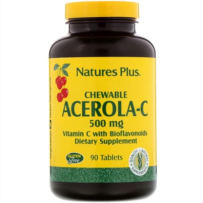 Nature's Plus, Ацерола-C в жевательной форме, витамин C с биофлавоноидами, 500 мг, 90 таблеток