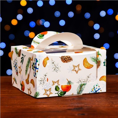 Коробка под бенто - торт с окном «Мандарины и звезды», 14×14×8 см