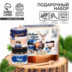 Подарочный набор новогодний «С новым годом и Рождеством», мёд с пыльцой 250 г, чай 50 г, ложка