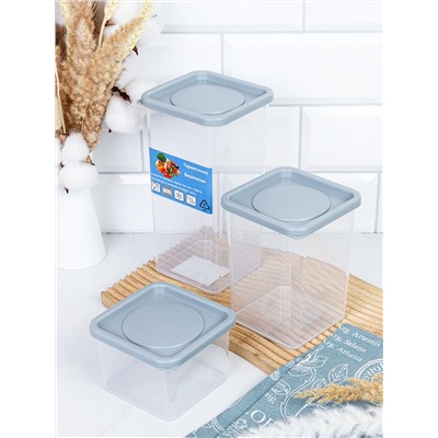 Набор пластиковых контейнеров квадратный 3 штуки 430/880/1300 мл / 90427 /уп 24/ ДОП СКИДКА НА КОРОБ 3%