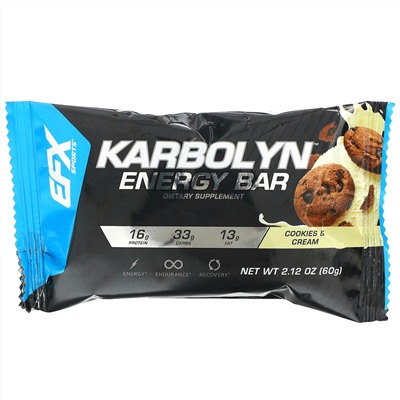 EFX Sports, Karbolyn Energy Bar, Cookies & Cream, 12 Bars, 2.12 (60 g) Each