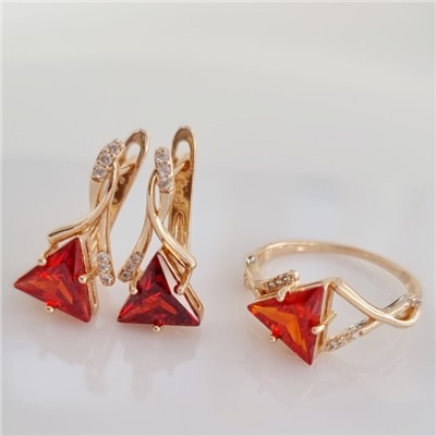 Комплект ювелирная бижутерия коллекция  "Дубай" серьги и кольцо 18 р, покрытие: позолота, вставка: фианиты, цвет: красный и прозрачный, арт.217.322-18