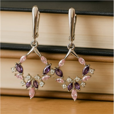 Серьги ювелирная бижутерия коллекция "Дубай" покрытие посеребрение, вставка: фианиты, цвет: прозрачный, сиреневый и розовый, арт.007.165