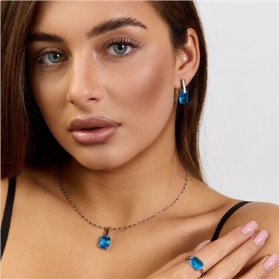 Комплект ювелирной бижутерии коллекция "Дубай" серьги, кулон и кольцо 20 р покрытие посеребрение, вставка: стекло, цвет: голубой, арт.215.532-20