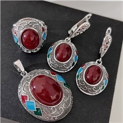 Крупный комплект ювелирной бижутерии серьги, кулон и кольцо 20 р, покрытие посеребрение, вставка: искусственный камень и эмаль, цвет: бордовый, арт.314.925-20