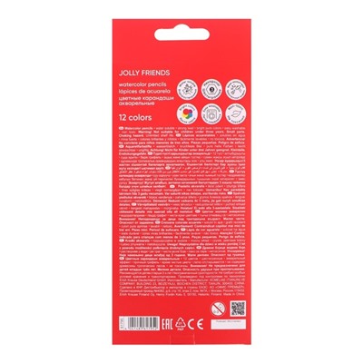 Карандаши акварельные 12 цветов ErichKrause Jolly Friends, дерево, шестигранные с кисточкой, европодвес