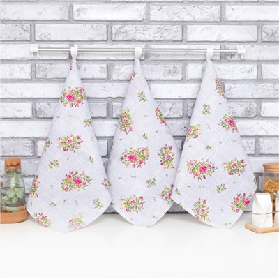 Набор кухонных полотенец Доляна Roses on linen 35×60 см - 3 шт., 100% хлопок, рогожка 164 г/м²