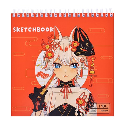 Скетчбук 48 л. "Девочка в красном. Аниме" жесткая подложка на гребне, блок 160 г/м2 без печати, размер 190*190 мм