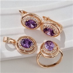 Комплект ювелирная бижутерия коллекция  "Дубай" серьги, кулон и кольцо 17 р, покрытие: позолота, вставка: фианиты, цвет: прозрачный и фиолетовый, арт.213.774-17