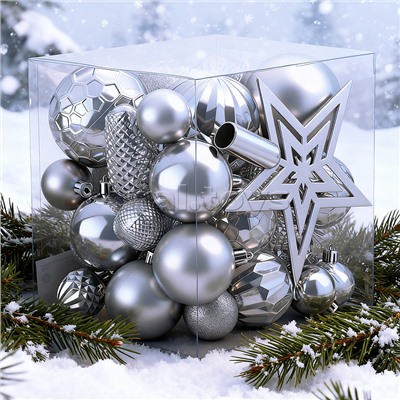 Набор новогодних украшений "Серебряный иней" (45шт х 4, 6, 8 см)