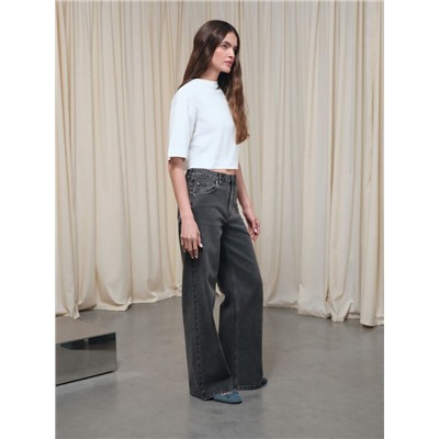 Актуальная коллекция CONTE CON-802 Чёрные джинсы wide leg с эффектом потёртостей и двойными шлёвками