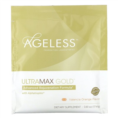 Ageless Foundation Laboratories, UltraMax Gold, улучшенная формула омоложения с альфатрофином, со вкусом валенсийского апельсина, 22 пакетика по 17,4 г каждый