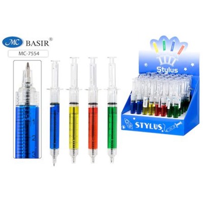 Ручка автоматическая шариковая "РУЧКА ДОКТОРА"; прозрачный корпус в форме шприца, двойная стенка с цветной жидкостью, синяя МС-7554 Basir