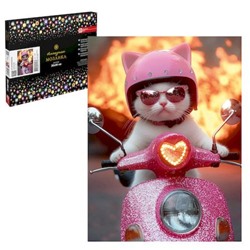 Алмазная мозаика по номерам 30х40 см (НА ПОДРАМНИКЕ) "КОТ НА МОТОЦИКЛЕ" Частичная выкладка 71444 Феникс