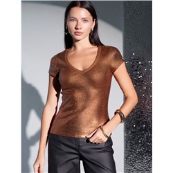 Футболка облегающая из хлопка в рубчик с V вырезом и матовым покрытием металлик