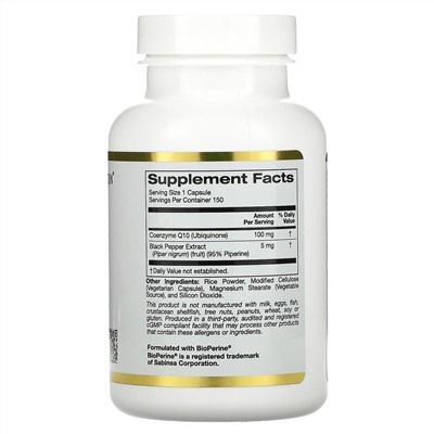 California Gold Nutrition, коэнзим Q10 фармацевтической степени чистоты с экстрактом Bioperine, 100 мг, 150 растительных капсул