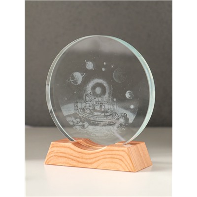 Световая фигурка стекло «Диск. Голограмма: Космическая станция», 5хLED, d=10 см, USB, 10×4×11.4 см