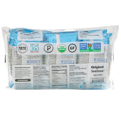 SeaSnax, органические морские водоросли, оригинальный вкус, 6 пакетиков по 5 г (0,18 унции) каждый