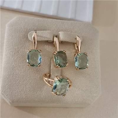 Комплект ювелирной бижутерии коллекция "Дубай" серьги, кулон и кольцо 18 р, покрытие позолота, вставка: стекло, цвет: бледно-голубой, арт.414.315-18