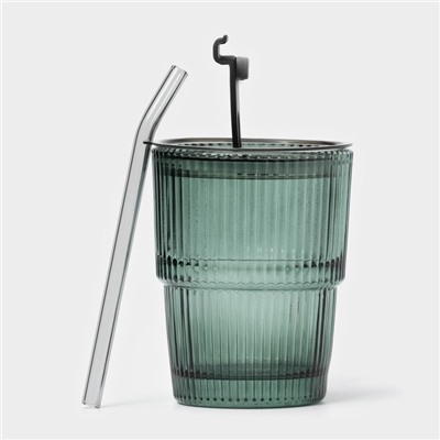 Стакан «Вино Верде», 350 мл, с крышкой и трубочкой, стекло, зелёный