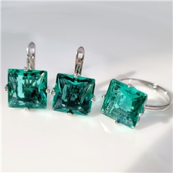 Комплект ювелирная бижутерия серьги и кольцо 18 р, покрытие: посеребрение, вставка: фианиты, цвет: морская волна, арт.215.451-18