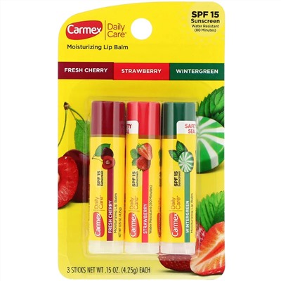 Carmex, Бальзам для губ для ежедневного ухода, SPF 15, ассорти, 3 упаковки, 0,15 унции (4,25 г) каждая