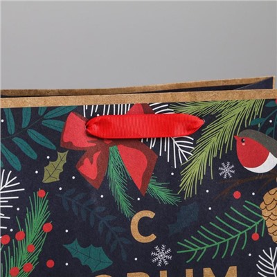 Пакет подарочный новогодний крафтовый «Новогодний лес», ML 23×27×11.5 см