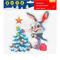 Силиконовая новогодняя наклейка "Зайчик у ёлки" 25*25см